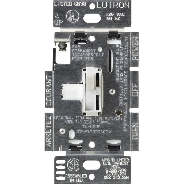 Lutron Toggler Incandescent 600-Watt Single-Pole Dimmer Switch, TG-600PH-WH, White