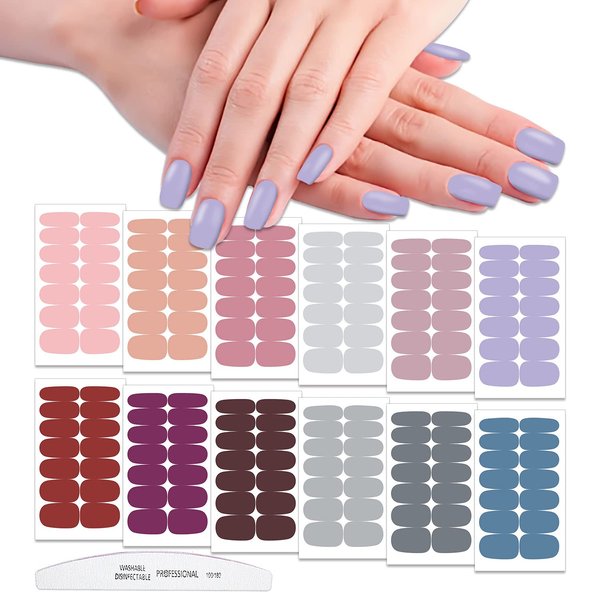 WOKOTO 12 Sheets 168 Pcs Solid Color Nail Polish Strips Full Nail Stickers for Women Nail Art Wraps Self Adhesive Solid Full Nail Wraps Sticker Nails for Women Gilrs with Nail File Gel Nail Strips