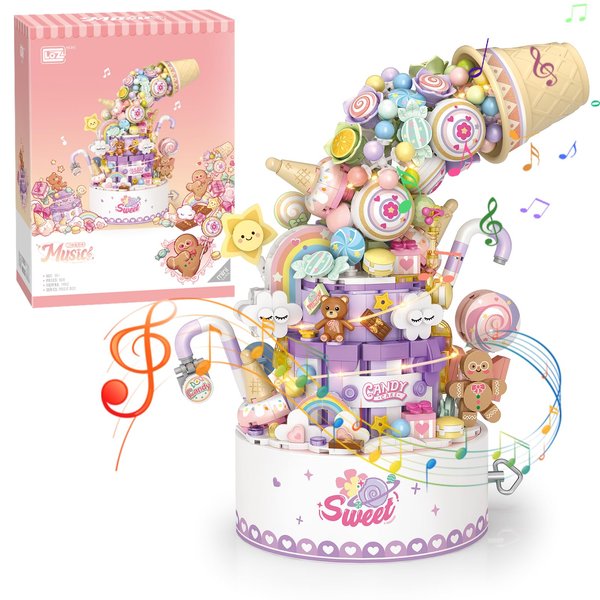 MEIEST Falls Building Blocks Rotating Music Box Set,Candy Flower Bonsai Botanical Collection with Light,Home Decor (Candy)