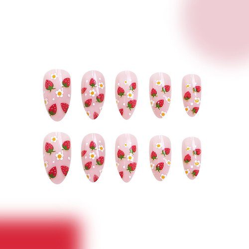 Strawberry Press on Nails Almond Fake Nails Cute Glue on Nails Medium Length Acrylic Nails Pink False Nails with Strawberries Flower Designs Glossy Artificial Nails Full Cover Stick on Nails 24Pcs