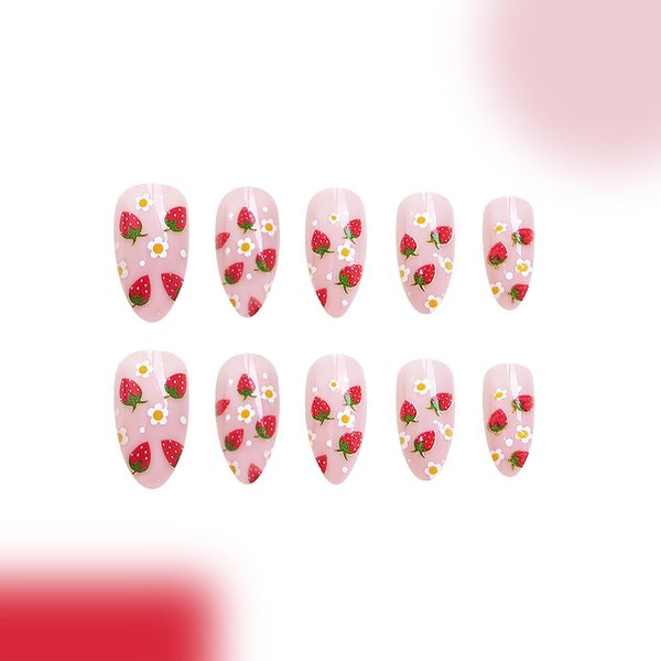 Strawberry Press on Nails Almond Fake Nails Cute Glue on Nails Medium Length Acrylic Nails Pink False Nails with Strawberries Flower Designs Glossy Artificial Nails Full Cover Stick on Nails 24Pcs