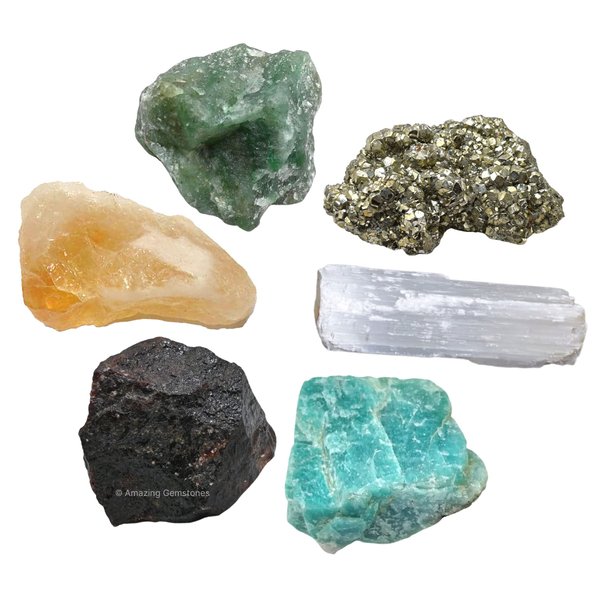 Crystals for Money and Success Manifestation, Set of 6 Citrine, Pyrite, Garnet, Selenite, Green Aventurine and Amazonite Healing Crystals and Stones