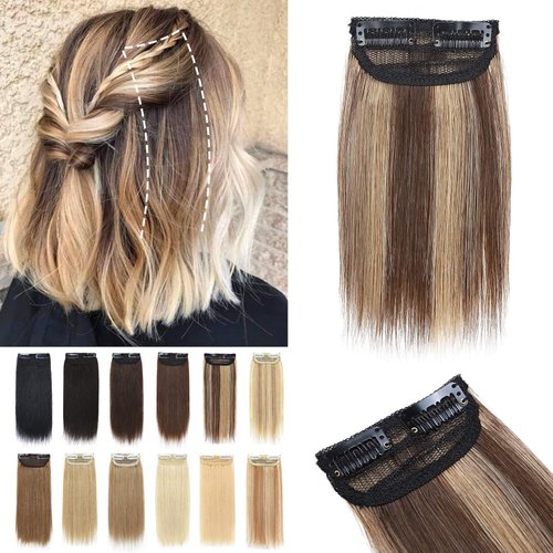 S-noilite Hair Extensions for Short Hair Clip in Human Hair 2PCS 2 Clips Balayage Clip in Hairpieces Remy Hair For Women with Thinning Hair Add Hair Volume 6 Inch Medium Brown/Dark Blonde