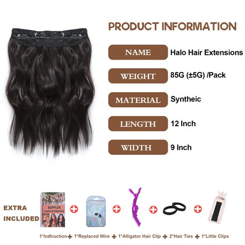 BUPPLER Halo Hair Extensions 12 Inch Invisible Wire Hair Extensions Adjustable Long Wavy Hair Extensions Synthetic Upgrade 4 Secure Clips in Hairpieces 12 Inch,Black Brown