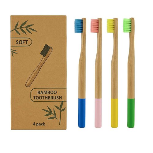 Bamboo Toothbrush 4 Pack – Eco-Friendly Wooden Toothbrush with Soft BPA-Free Vegan Bristles, Biodegradable & Plastic-Free