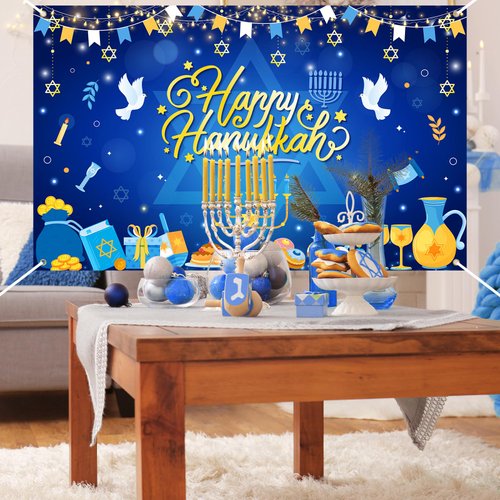 Avezano Happy Hanukkah Banner Backdrop Jewish Chanukah Hanukkah Banner Blue Hanukkah Party Supplies Hanukkah Decorations Indoor Outdoor 70.8x43.3inch