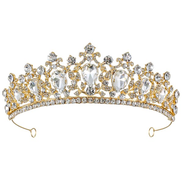 Samky Gold Bridal Tiara Rhinestone Wedding Crown Crystal Headpiece Hair Accessories for Bride