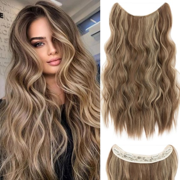 S-noilite Invisible Wire Hair Extensions 20 Inch Long Wavy Synthetic String Wire Secret Hairpiece with Transparent Curly Wavy Wire Clips in Hair Extensions for Women Adjustable Size,#12P24