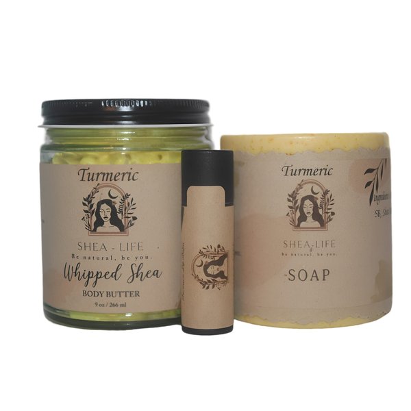 Turmeric Gift Box, Trio of Turmeric Whipped Body Butter and Turmeric Lip balm and Turmeric Soap. Super moisturizing and helps to tone your skin.