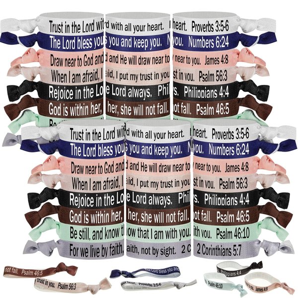 Solsew 48 Pcs Bible Verses Ribbon Hair Ties Christian Bible Verse Bracelet Christian Elastic Ponytail Holder for Women, Bible Stretch Elastic Hand Rope Hairbands for Christians and Bible Lovers