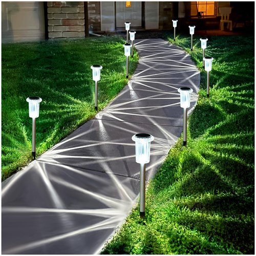 Gorrzai Solar Pathway Lights 10 Pack Solar Outdoor Lights, Led Waterproof Solar Powered Yard Walkway Lighting Stainless Steel Garden Stake for Path, Landscape, Lawn, Driveway, Backyard(Cold White)