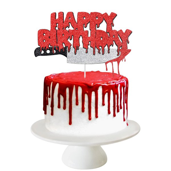 Red Happy Birthday Halloween Cake Topper, Halloween Horror Zombie Birthday Cake Topper Halloween Bloody Horror Movie Birthday Party Cake Decorations