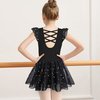 MOLLDAN Girls Dance Leotards for Ballet Dress Shiny Skirt Ruffle Sleeve Crisscross Back(QT4043-06-M) Black