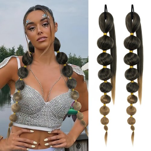 Benehair Long Bubble Ponytail Extension for Women 34Inch Black Ombre Blonde Braided Ponytail Afro Puff Ponytail with Hair Tie Hairpieces Synthetic Soft Straight 120g/pc 2pcs/pack #1B27 Black to Blonde