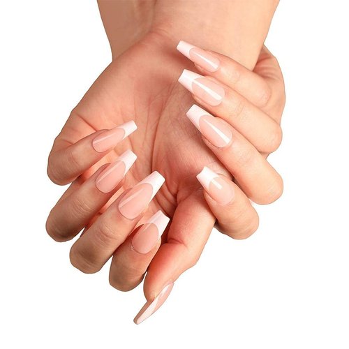 Aksod Long Coffin French Manicure Press on Nails Tips Glossy Pink Fake Nails Designed Ballerina Full Cover Artificial False Nails Tips for Women and Gilrs (24Pcs)
