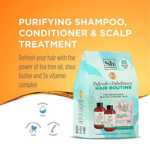 Soapbox Haircare Gift Set of 3, Travel Sized Shampoo & Conditioner with Tea Tree Oil + Scalp Treatment to Cleanse Build Up, Cleansing Hair Care Set of Three in Gift Box Easy, Breezy Hair Days Inside!