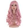 BERON Pink Wig Long Wavy Wig Lovely Pink Wig with Bangs for Women Candy Pink Wig Long Curly Wig Pink Synthetic Wig with Wig Cap