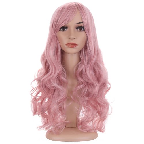 BERON Pink Wig Long Wavy Wig Lovely Pink Wig with Bangs for Women Candy Pink Wig Long Curly Wig Pink Synthetic Wig with Wig Cap