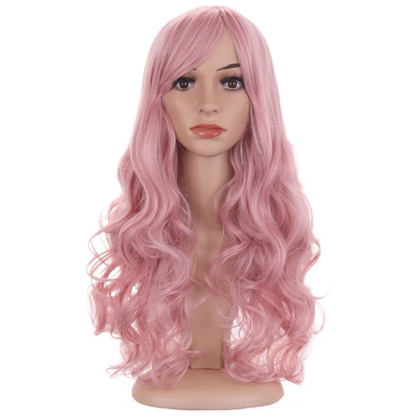 BERON Pink Wig Long Wavy Wig Lovely Pink Wig with Bangs for Women Candy Pink Wig Long Curly Wig Pink Synthetic Wig with Wig Cap