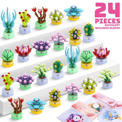 Uiseba Valentines Day Gifts for Kids Classroom/School,24PCS Building Blocks Succulent Plants Kits and Valentines Cards,Toys for 3+ Years Old Girls & Boys