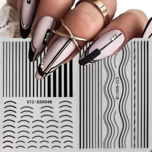 6 Sheets Black French Tip Nail Stickers Smiling Waves Line Nail Art Stickers Black White Line Nail Design Supplies Self-Adhesive Nail Decals for Women DIY Nail Decoration Accessories