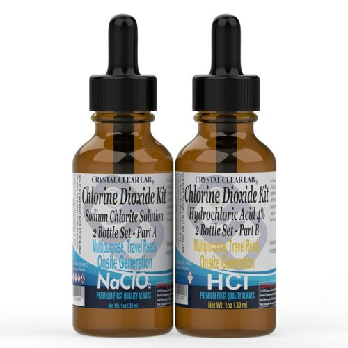Chlorine Dioxide Kit, 4-5% Hydrochloric Acid and Sodium Solution, 1 Oz Bottles, 2 Pack