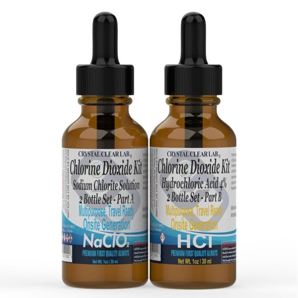 Chlorine Dioxide Kit, 4-5% Hydrochloric Acid and Sodium Solution, 1 Oz Bottles, 2 Pack