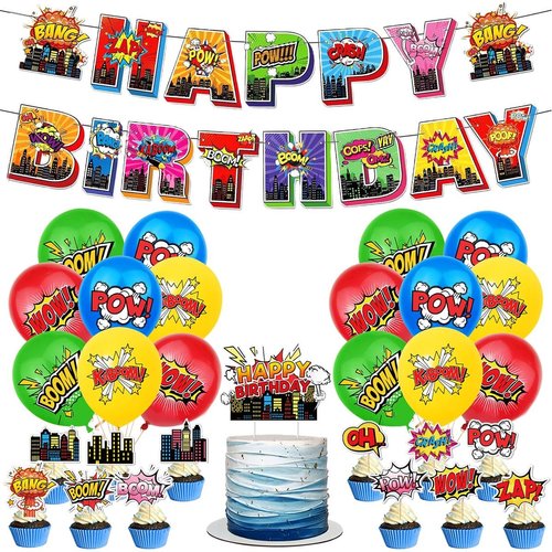 Superhero City Party Decoration,Superhero Birthday Party Supplies,City Theme Birthday Banner Balloons and Toppers Cake Toppers For Kids Birthday Party