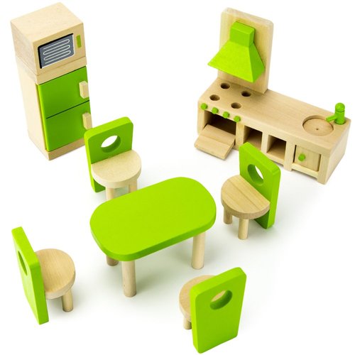 Wooden Dollhouse Furniture|Made of Safe Wood and Bright Water-Based Paint|Compatible with Most Doll Houses|Eat-in Kitchen