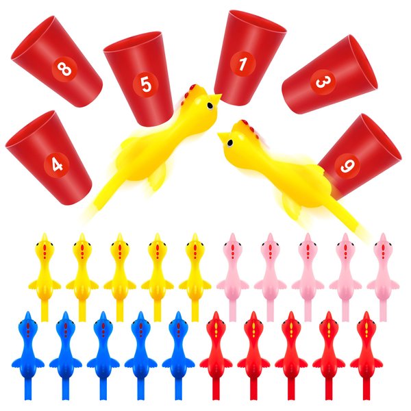 Puideon 20pcs Finger Slingshot Chicken 10 Dart Cups Flying Chicken Shooting Games Toys Chicken Funny Gag Gifts for Kids Adults Party Favors Birthday Goodie Bags Stuffers Novelty Exchange Gifts