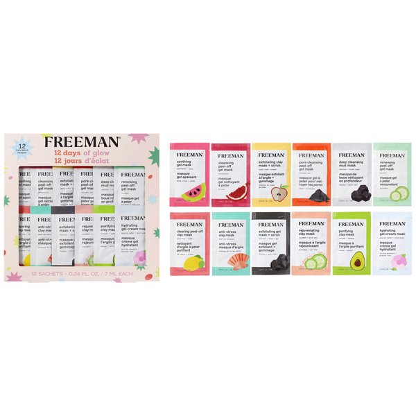 Freeman Limited Edition 12 Days of Glow Facial Mask Kit, Variety Skincare & Facial Treatment Masks, All Skin Types, Travel Size, Vegan & Cruelty-Free, 12 Piece Face Mask Gift Set