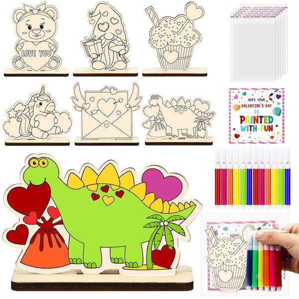 24 Pack Valentine's Day Gifts Set Unfinished DIY Wooden Art Painting Craft with Mini Watercolor Pencil, Valentine's Day Cards and Packaging Bag DIY Valentines Crafts for Valentines Party Favor