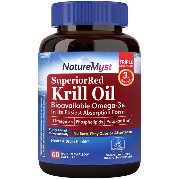 NatureMyst Krill Oil, 1000mg, Omega 3s, DHA EPA & Astaxanthin Phospholipids, Non-GMO, No Fishy Taste, Made in The USA, Professional Grade 60 Liquid Softgels