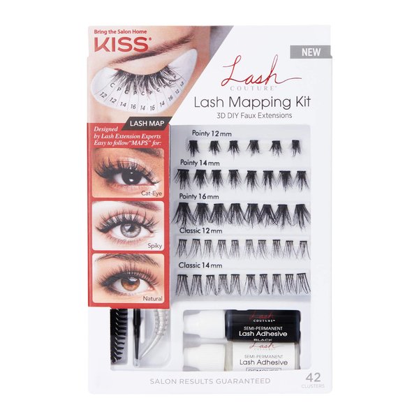 KISS Lash Couture Lash Mapping Kit with 3 Mapping Stickers, Semi-Permanent Lash Adhesive, Adhesive Remover, Tweezers, Spoolie, Micro Brush, and 42 Lash Clusters