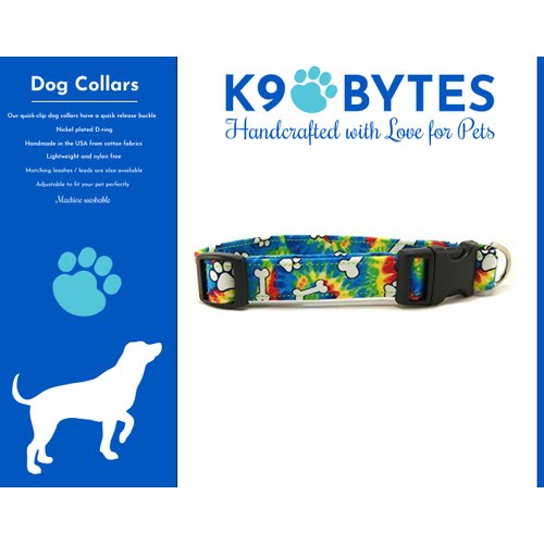 K9 Bytes Rainbow Tie Dye Bones & Paws Soft Adjustable Dog Collar with Quick Release Buckle Small.