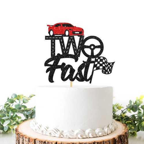 Two Fast Cake Topper, Happy 2nd Birthday Cake Picks for Boys Girls, Baby Kids 2 Years Old Birthday Party Decorations, Race Car Hot Wheel and Flag Sign Party Favors, Black