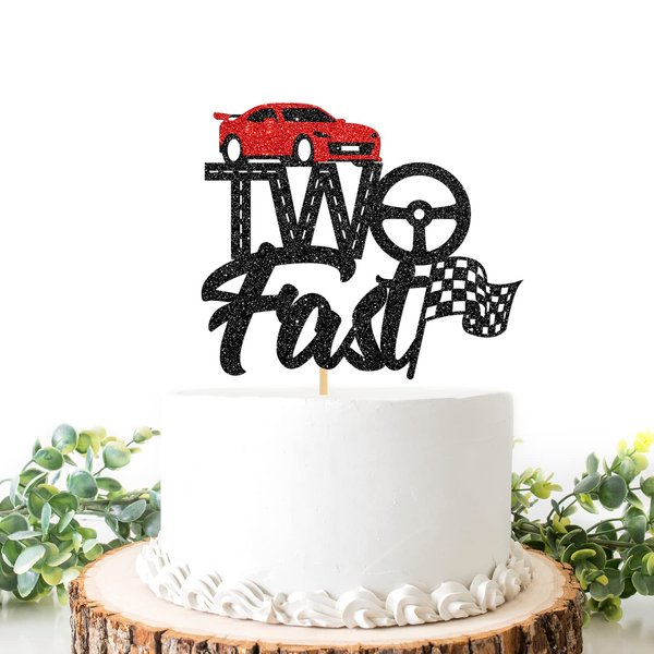 Two Fast Cake Topper, Happy 2nd Birthday Cake Picks for Boys Girls, Baby Kids 2 Years Old Birthday Party Decorations, Race Car Hot Wheel and Flag Sign Party Favors, Black