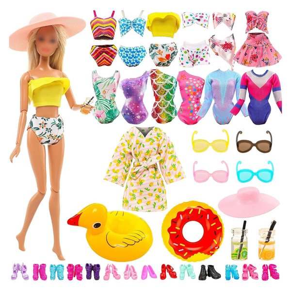 20 Pcs Doll Clothes & Accessories Summer Beach Set 5 Swimsuits 1 Bathrobe with 14 Accessories Shoes Glasses Drinks Swimming Rings for 11.5 Inch Doll Summer Set