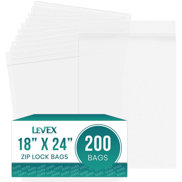 Levex - 18" x 24" (200 Count) 2 Mil Clear Reclosable Zip Plastic Poly Bags with Resealable Lock Seal Zipper for Travel, Storage, Packaging & Shipping