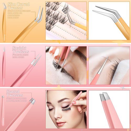 6pcs Eyelash Tweezers Lash Extension Tweezers for False Lashes,Eyelash Tweezers for Lash Clusters Metal Lashtweezers for Eyelash Extensions with 6 PCS Lash Applicator Tool