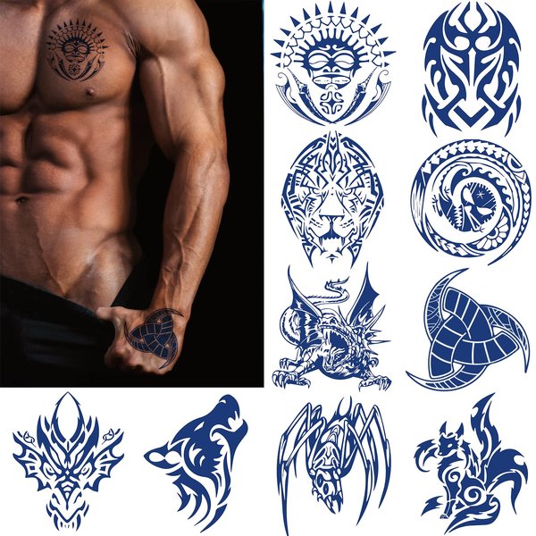 CUTELIILI Aztec and Viking Style Temporary Tattoos for Men, 10 Pcs Blue Fake Tattoos for the Back of Hands and Forearms, Realistic Tribal Totem Tattoo Sticker