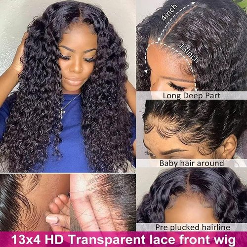 13x4 Water Wave Lace Front Wigs Human Hair 180% Density HD Transparent Lace Pre Plucked Wet and Wavy Lace Front Wig Glueless Wig Brazilian Deep Wave Wig Human Hair for Black Women 30 inch