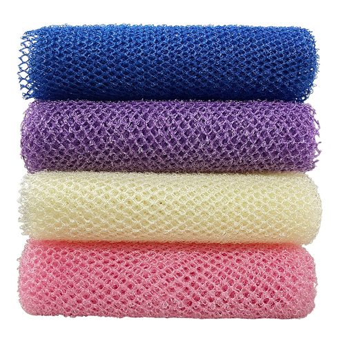 4 Pack Bath Sponge Net, Exfoliating Body Scrubber，Back Scrubber for Shower,Body Scrubber Exfoliator to Enjoy Shower（Pink&Blue&Purple&Beige)