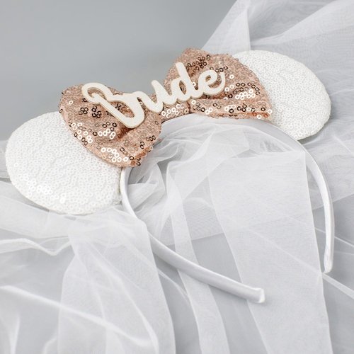JIAHANG Mouse Ear Hair Bow Headband with Bridal Veil, Honeymoon Wedding Ears,Bachelorette Party Headpiece for Women Girls (ZZbride)