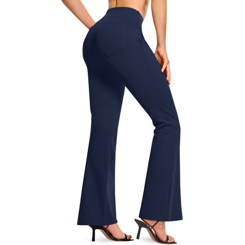 TSLA Women's Yoga & Dress Pants, Office Business Casual Work Slacks, Stretch Straight Leg/Bootcut Pants with 4 Pockets, Bootcut Navy, Small