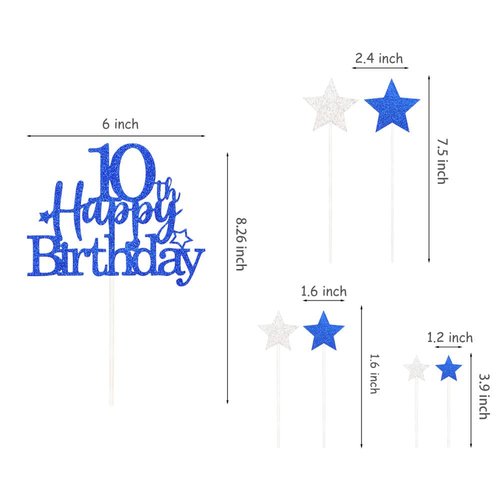 Pargleev Glittery 10th Cake Topper with Star Boys and Girls 10th Birthday Party Supplies, Ten Years Old Birthday Party Decorations Royal Blue