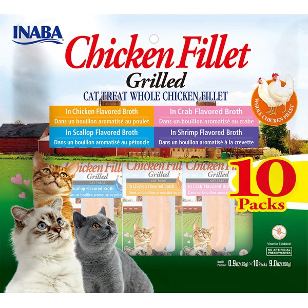 INABA Natural, Premium Hand-Cut Grilled Chicken Fillet Cat Treats/Topper/Complement with Vitamin E and Green Tea Extract, 0.9 Ounces Each, 10 Pack, Variety Pack