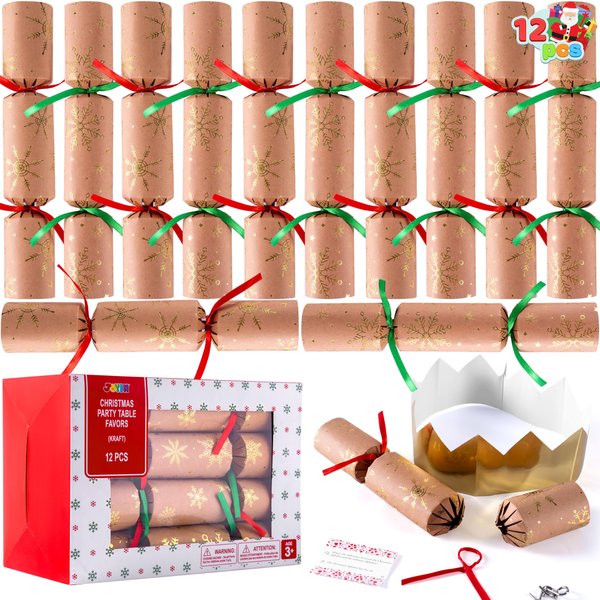JOYIN 12 Pack Christmas Non-Snap Party Favor, Kraft Snowflake Party Table Favor Includes Party Hat, Jokes & Gifts, Xmas Gifts Prizes for Christmas Holiday Dinner Traditions Party Supplies