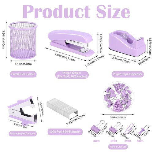 13 in 1 Purple Gift Office Supplies Set, Purple Stapler and Tape Dispenser Desk Accessories for Women with Stapler,Tape Dispenser,1000 Staple,Pen Holder,Staple Remover,Clip,Ruler,Scissor, Tab,Tape,Pen