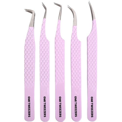GMI Lash Tweezers - Set of 5 Eyelash Tweezers- Stainless Steel Eyelash Extension Tweezers - Multipurpose Lash Tweezers for Eyelash Extensions for Individual. (Pink)